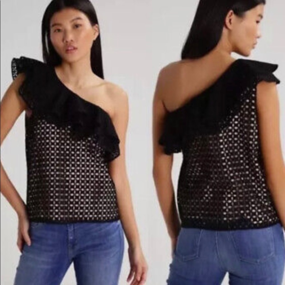 J. Crew one shoulder black eye-lit top